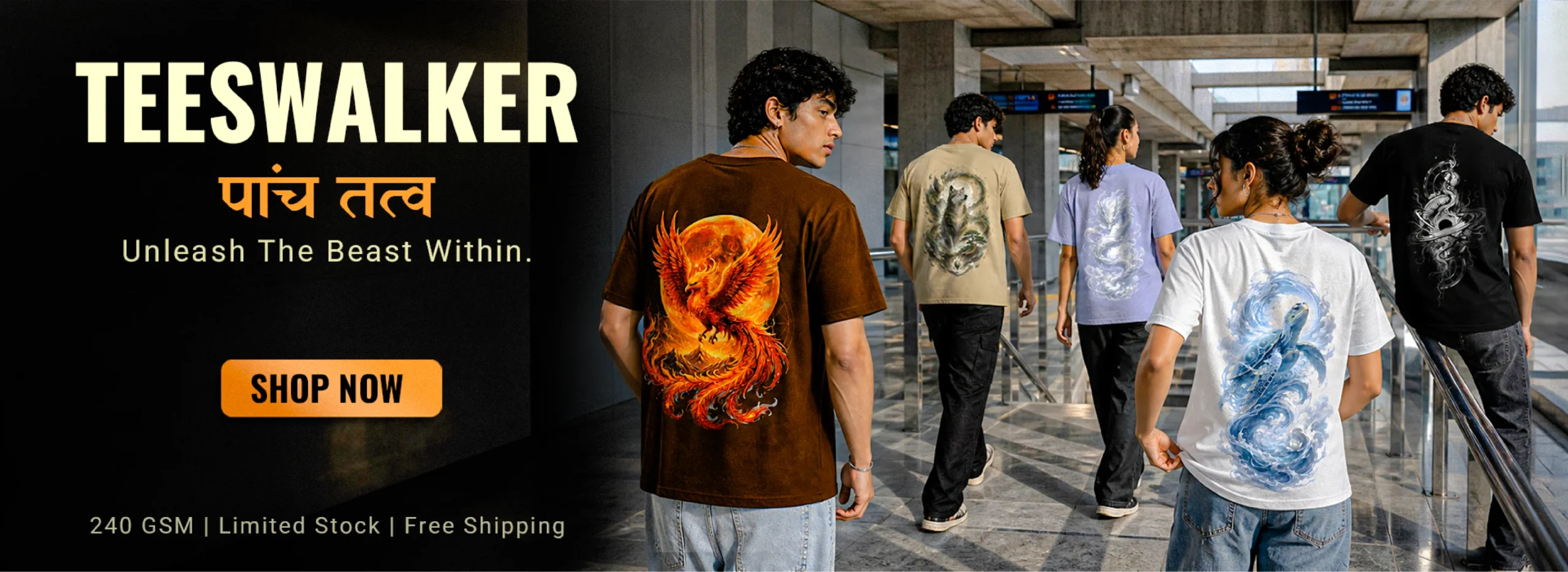 Five streetwear models walking through an urban terminal wearing Teeswalker Panch Tatva oversized t-shirts in brown, beige, lilac, white, and black featuring mythical beast back prints.